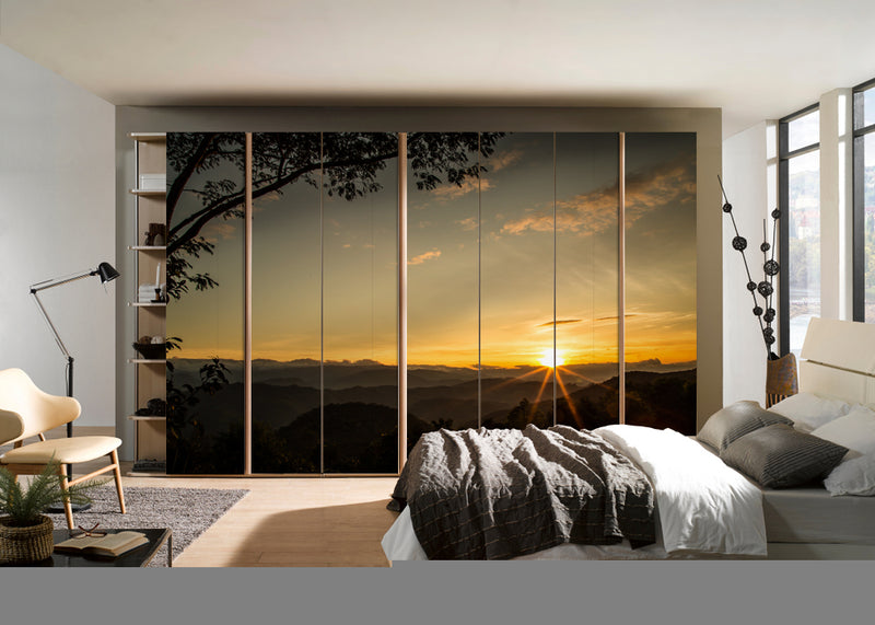Sunset And Tree Painting Self Adhesive Sticker For Wardrobe