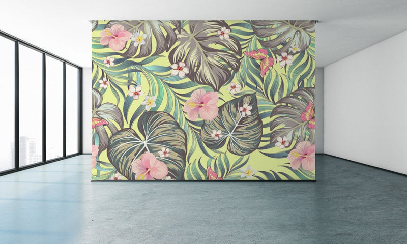 Hibiscus Pattern Yellow Background Tropical Wallpaper