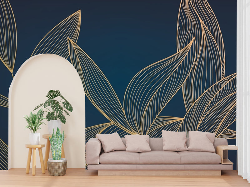 Golden Line Art Leaf Customized Wallpaper