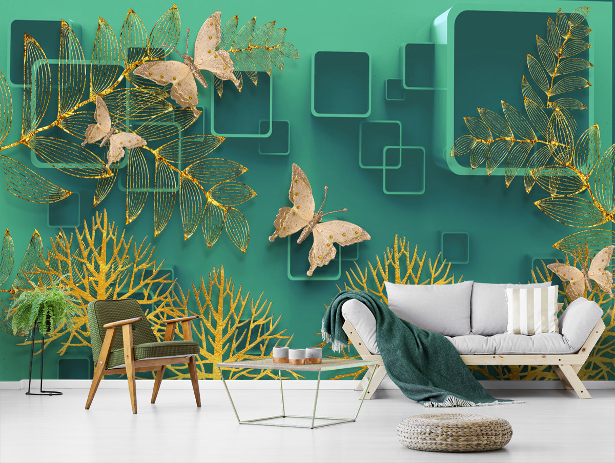 Golden Butterflies With Green Background wallpaper for wall