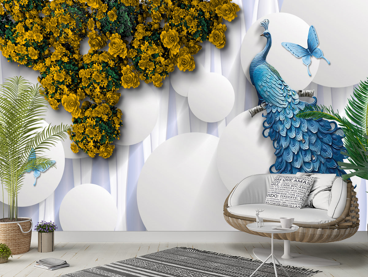 Beautiful Blue Peacock With Golden Roses wallpaper for wall