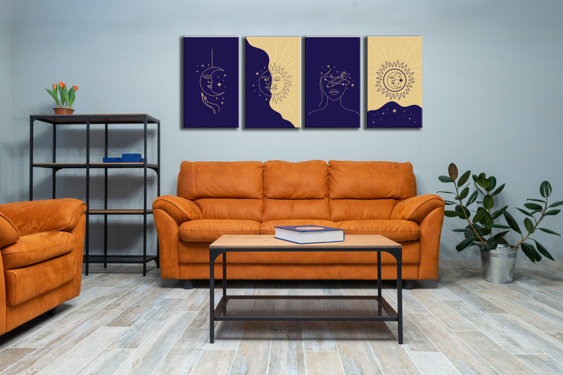 Blue And Gold Sun, Moon and Stars, Set of 4