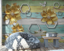 Golden Flowers with Geometric Design and Birds wall coverings