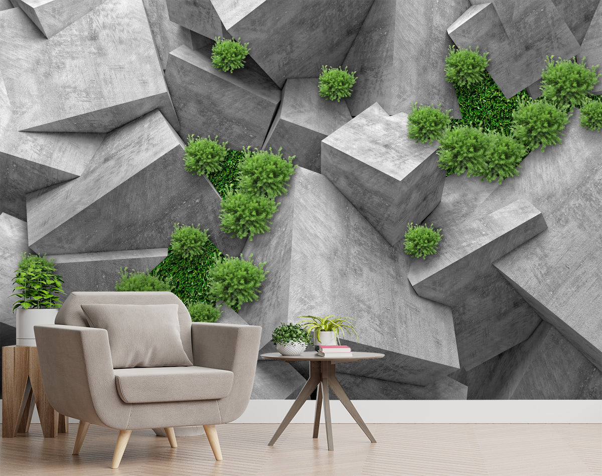 Geometric Rock With Green Grass Wallpaper
