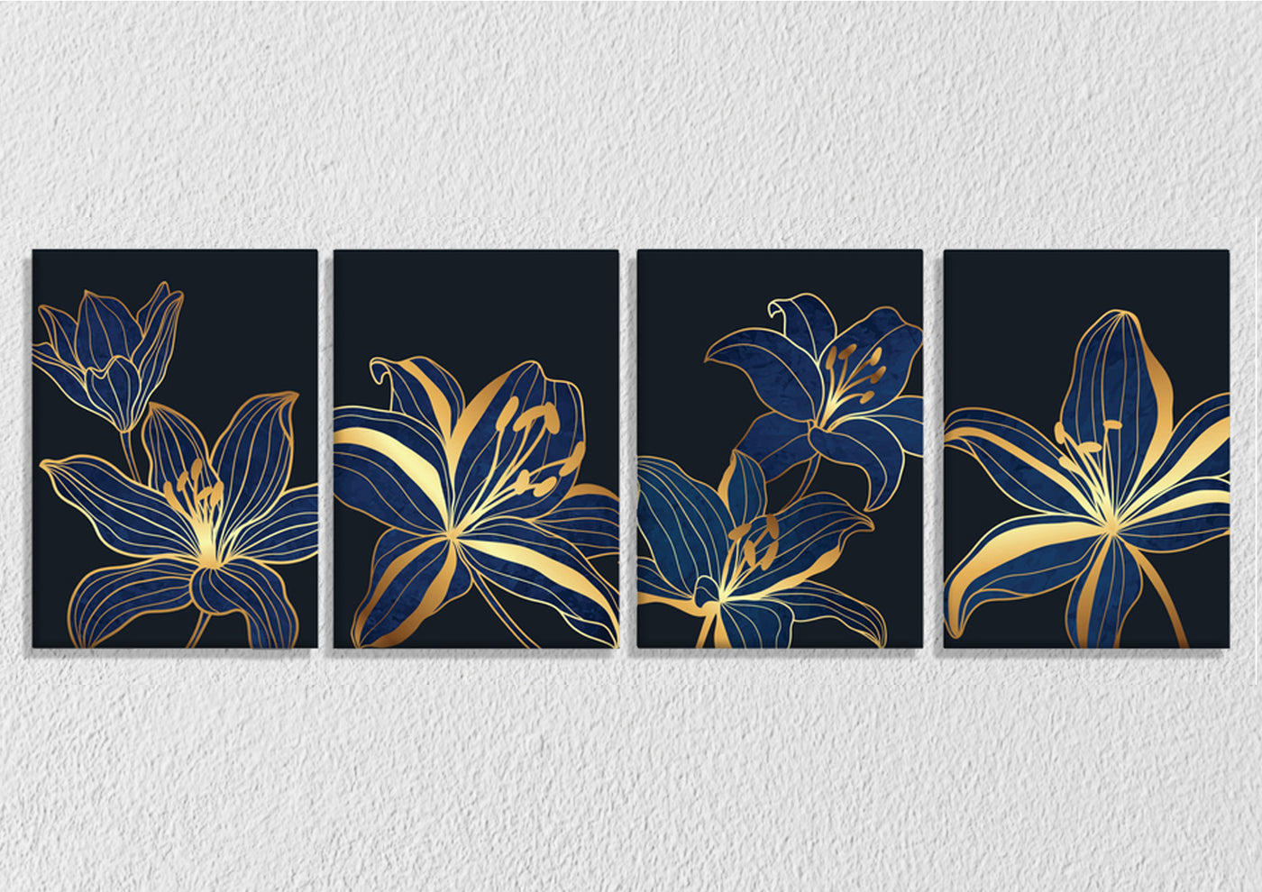 Gold And Blue Floral Line Art, Set Of 4