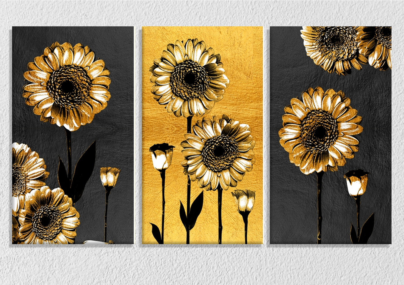 Gold And Grey Daisy Wall Art, Set Of 3