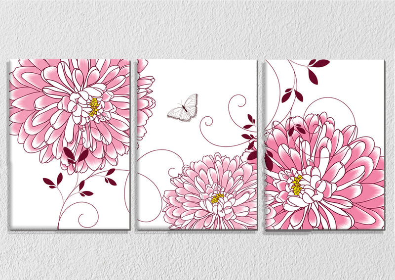 Pink Flower And Butterfly Wall Art, Set Of 3