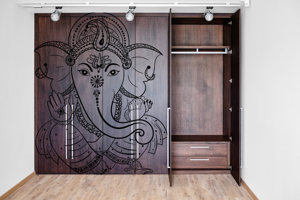 Sketch Of Ganpati On Brown Colour Painting Self Adhesive Sticker For Wardrobe