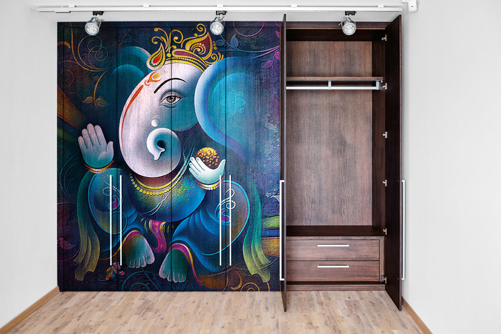 Blue Ganpati Painting Self Adhesive Sticker For Wardrobe
