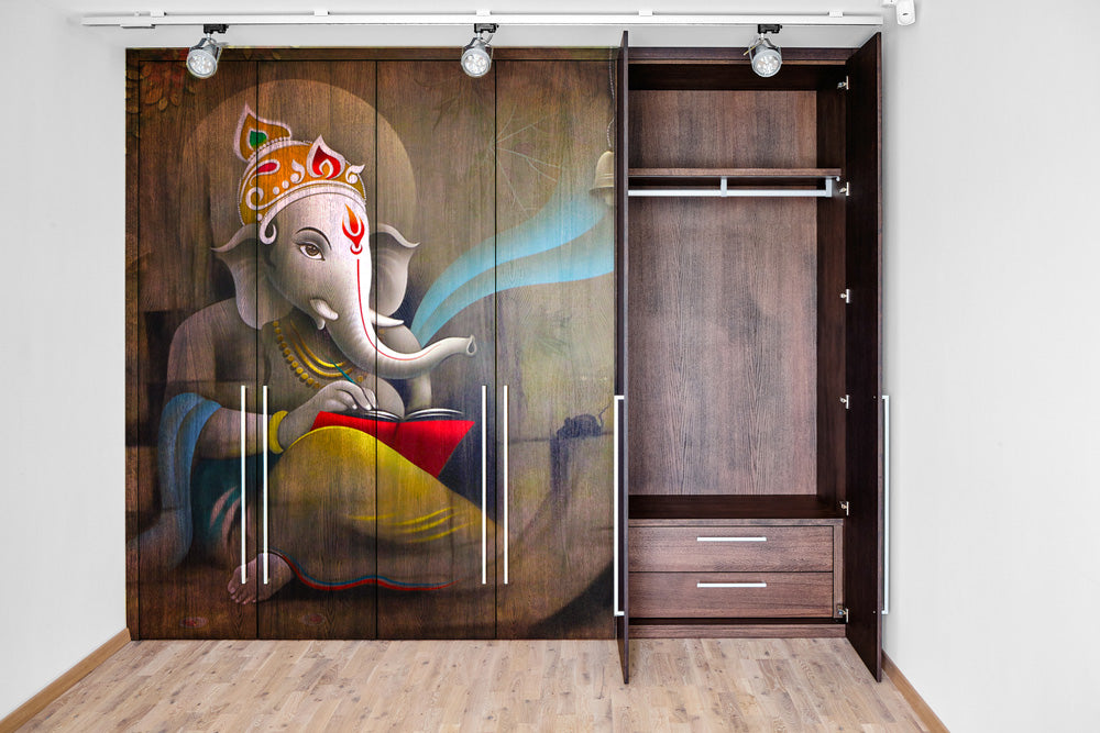 Ganpati Writing In Book Painting Self Adhesive Sticker For Wardrobe