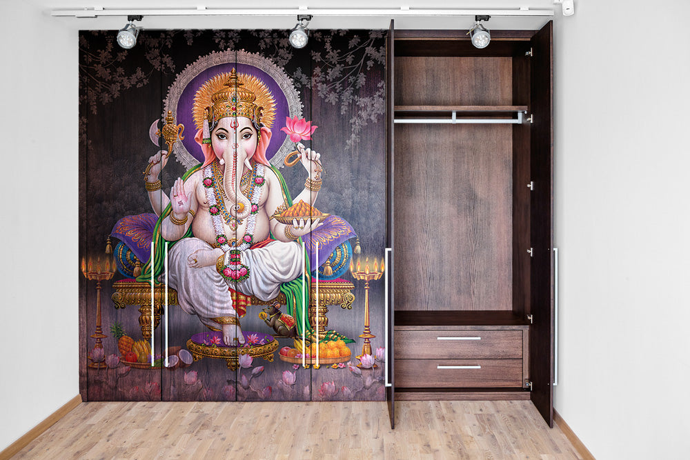 Ganpati In hand Lotus Painting Self Adhesive Sticker For Wardrobe