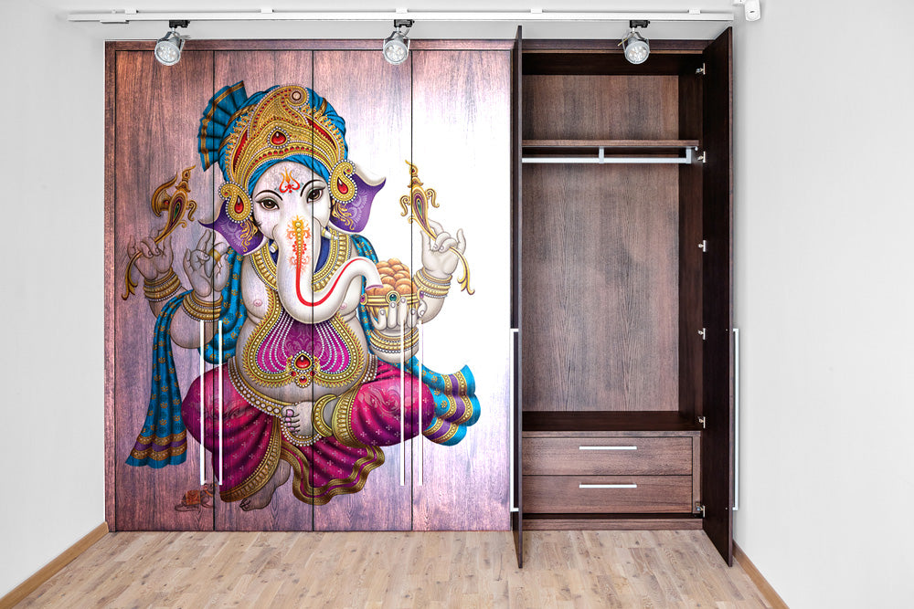 Golden Crown Ganpati Painting Self Adhesive Sticker For Wardrobe