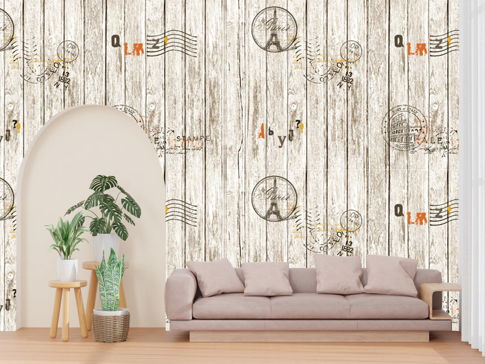 Natural _ Travel Stamp Wooden Wallpaper