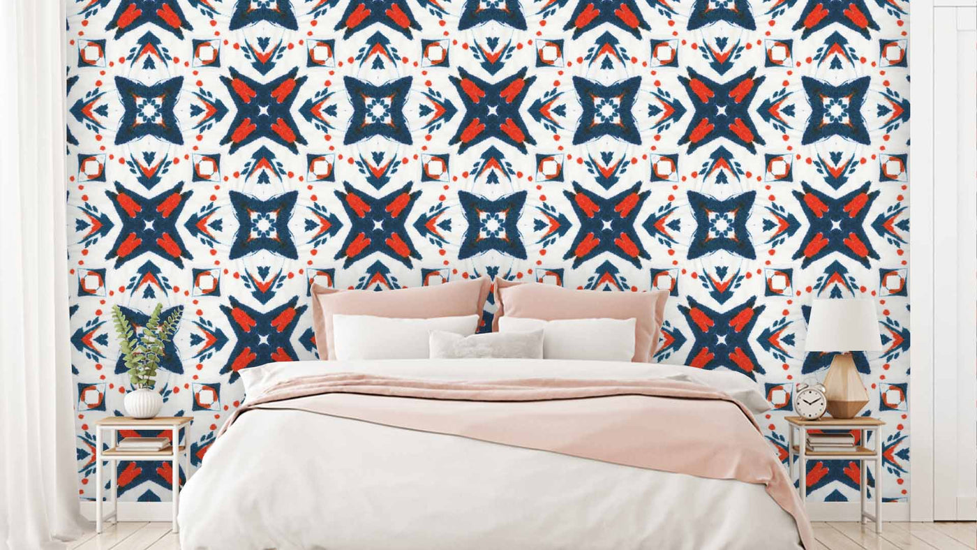 Blue Orange Indian Pattern White Background Wallpaper