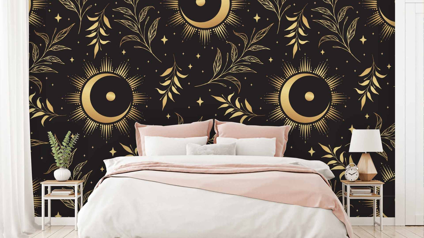 Golden Moon Leaves Black Background Abstract Wallpaper