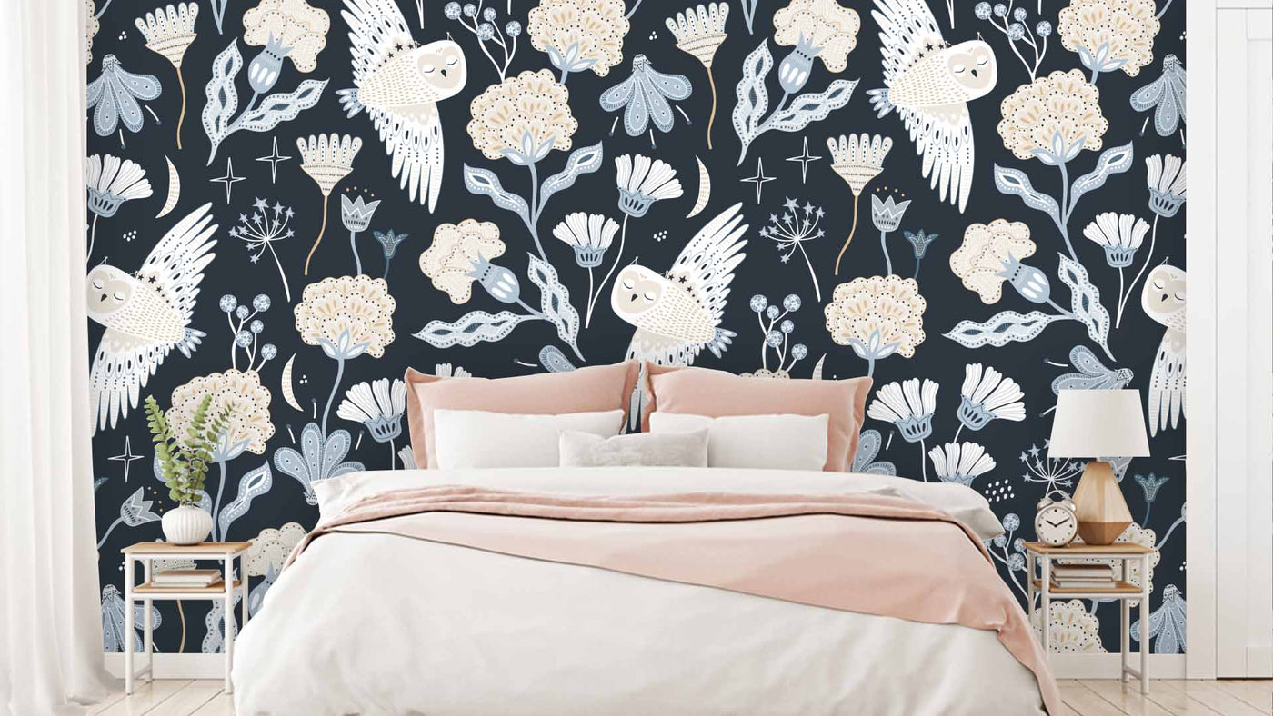 Owl Blue Floral Wallpaper