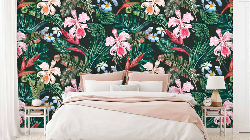 Tropical Floral Dark Background Wallpaper