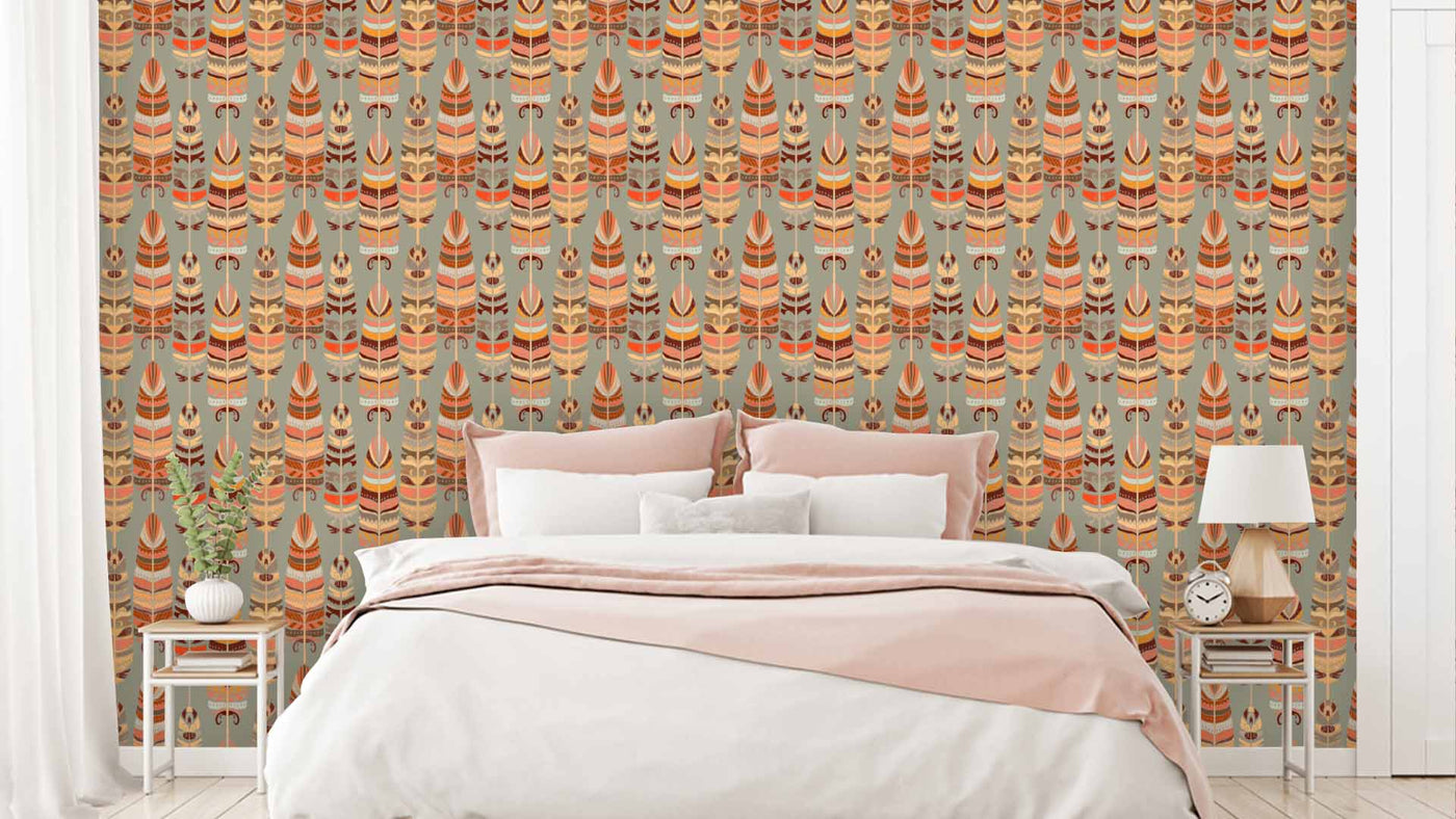 Orange Feather Indian Pattern Wallpaper