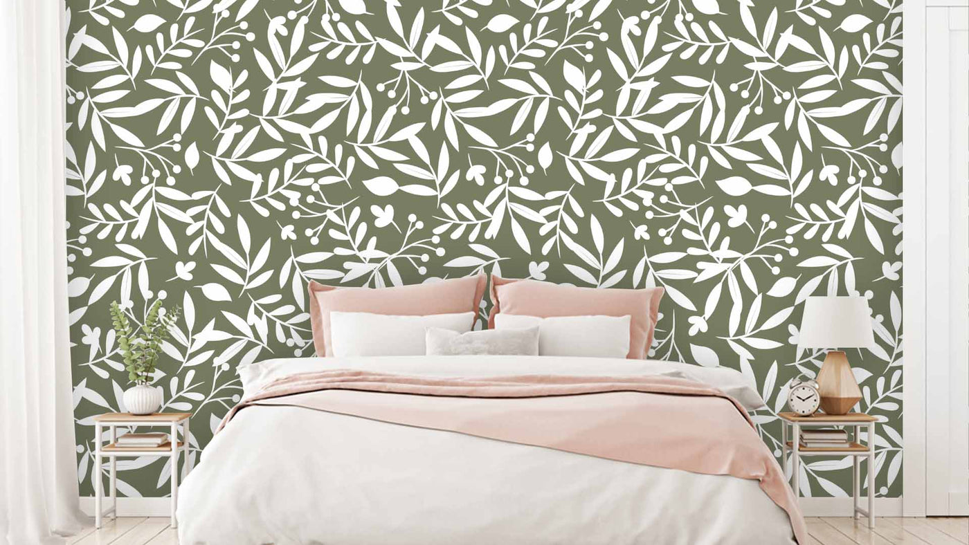 White Leaves Sage Green Background Abstract Wallpaper