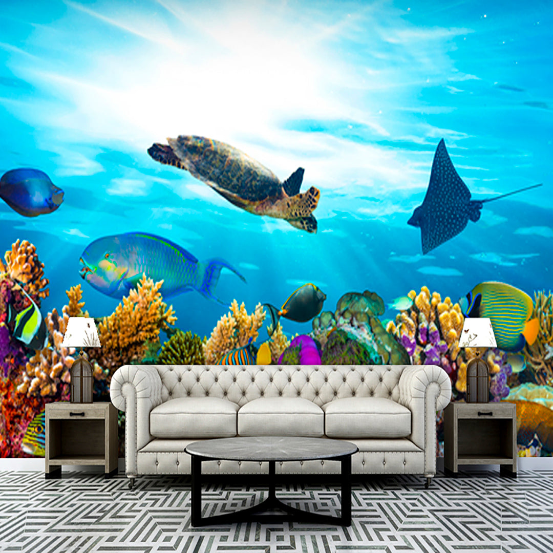 Blue Underwater Wallpaper with Fish, Dolphin and Starfish