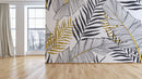 White Gold Black Leaves Tropical Wallpaper