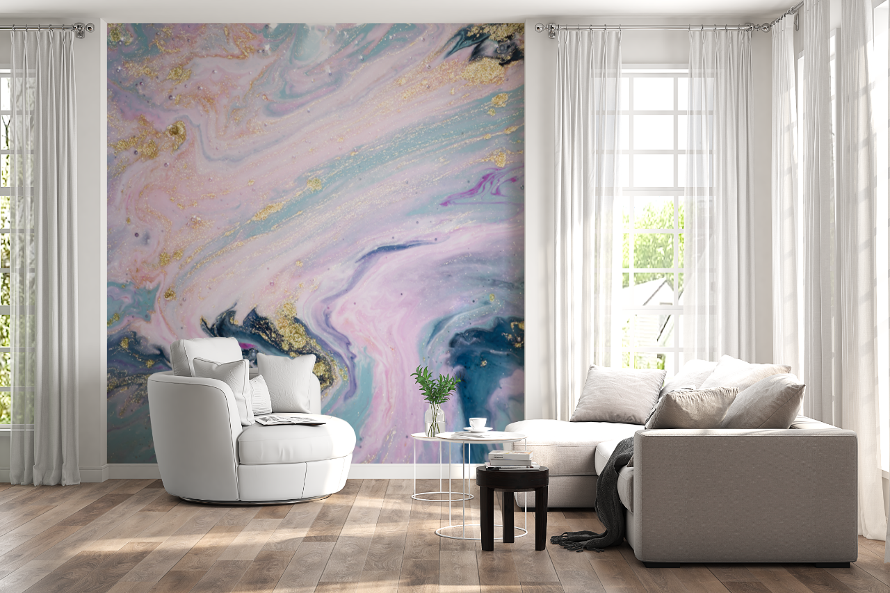 Pink Blue Golden Marble Effect Wallpaper