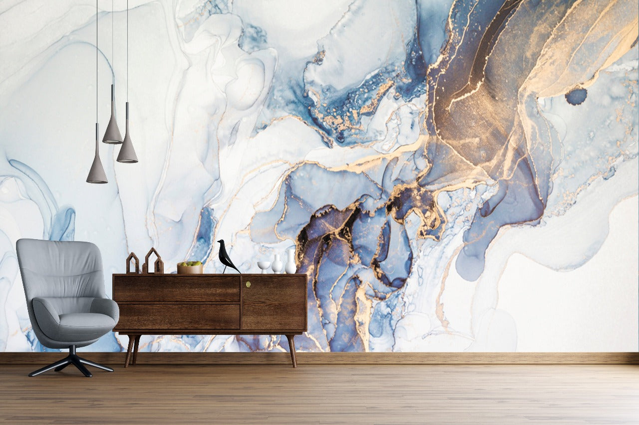 White Blue Golden Marble Effect Wallpaper