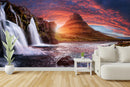 Customize Beautiful Waterfall Through Mountain In Reddish Pink Sky Wallpaper
