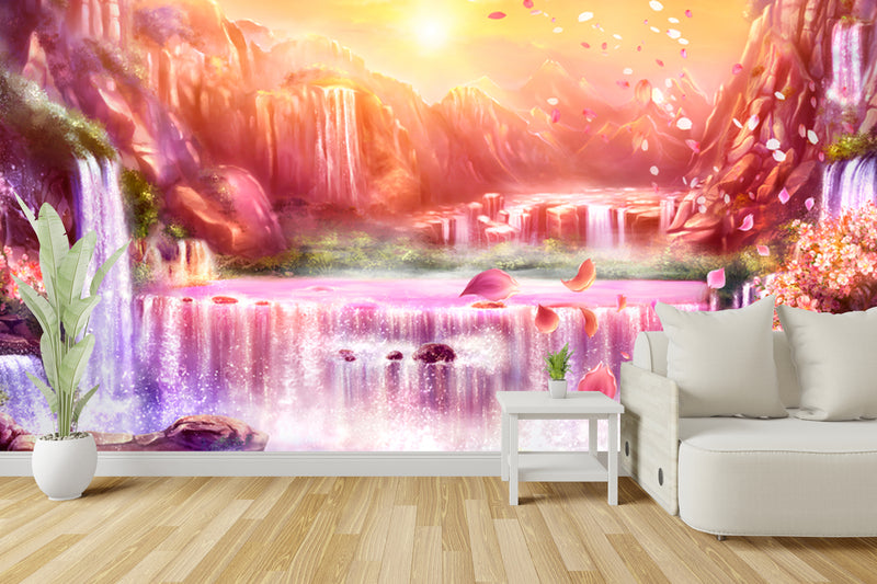 Customize Beautiful Waterfall In Pink Jungle Wallpaper