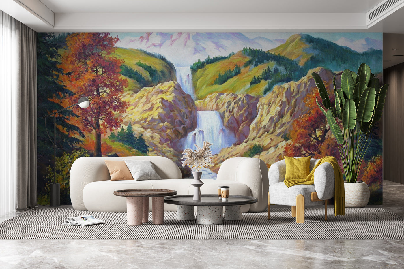 Customize Beautiful Waterfall Through Colourful Mountain Wallpaper