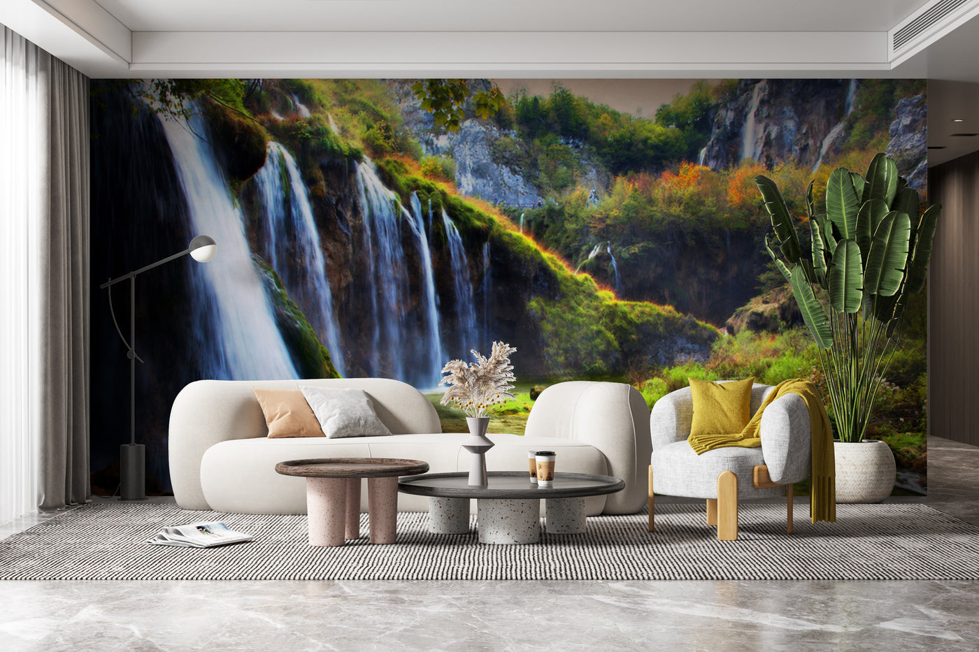 Customize Beautiful Waterfall In Nature With Rainbow