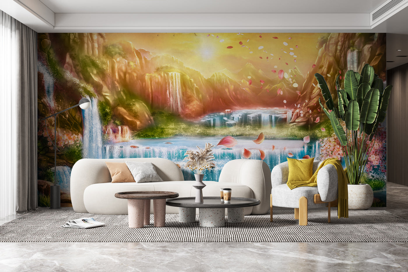 Customize Beautiful Waterfall From Colourful Mountain Wallpaper