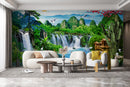 Customize Beautiful Waterfall Mountain In Green With Birds Wallpaper