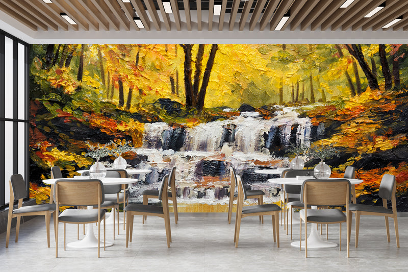 Customize Beautiful Waterfall In Yellow Forest Wallpaper