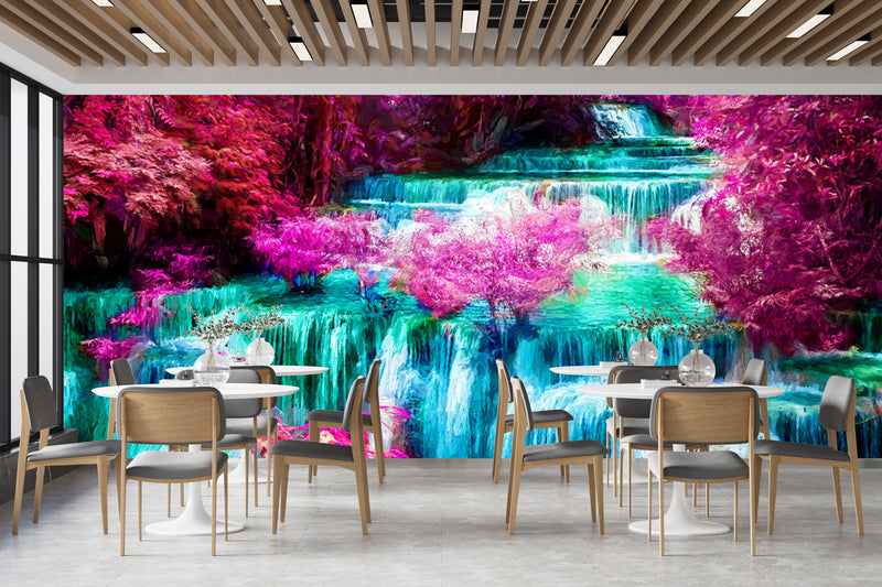 Customize Beautiful Waterfall In Pink And Blue Nature Wallpaper