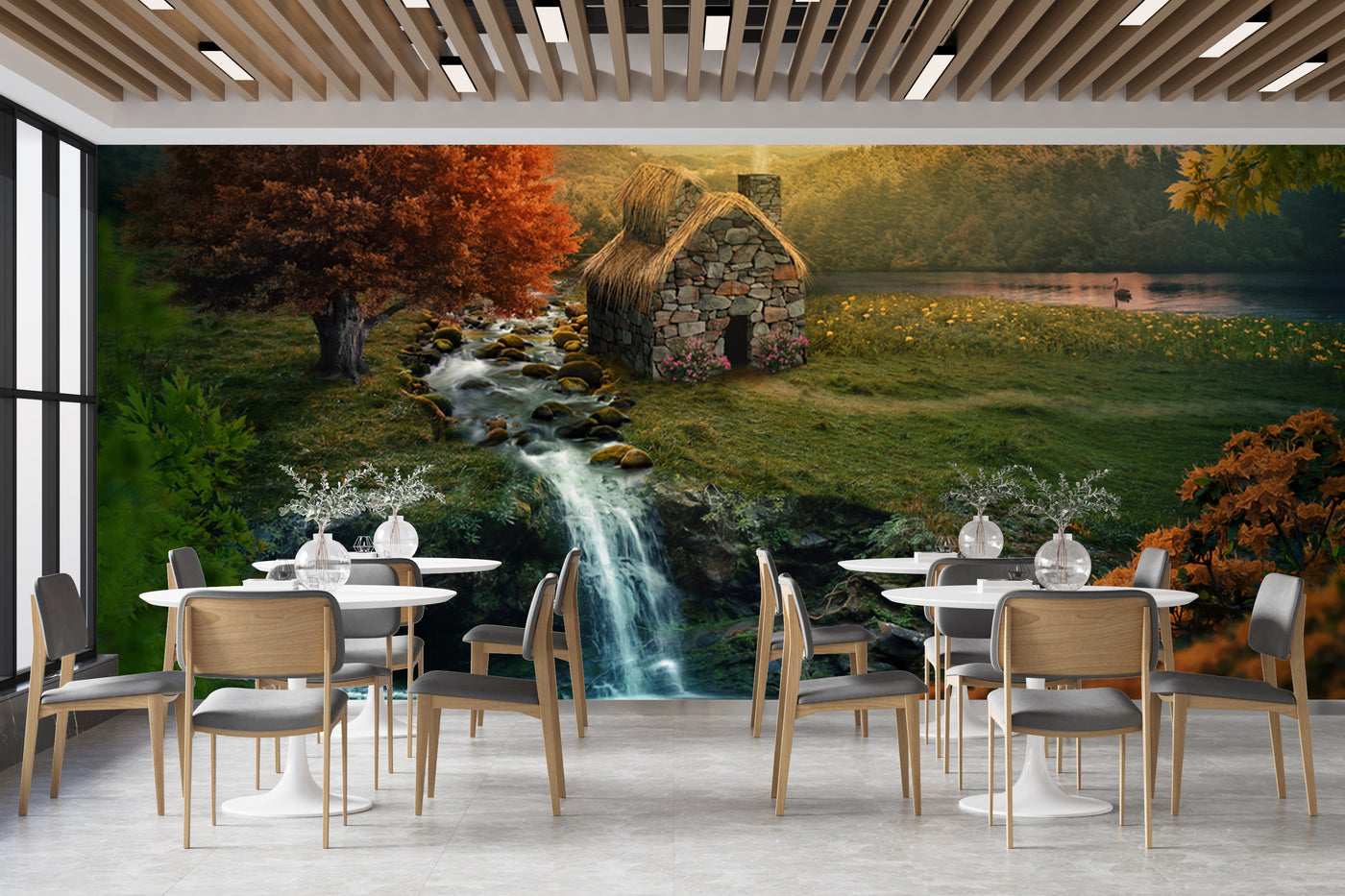 Customize Beautiful Waterfall Beside Beautiful House Wallpaper