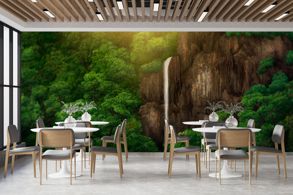 Customize Beautiful Waterfall In Greenery Forest Wallpaper – Myindianthings