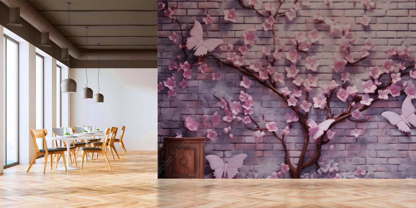 Delightful Butterflies Floral Brick Wallpaper