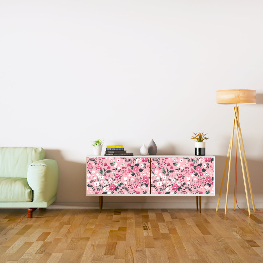 Pink Floral Self Adhesive Sticker For Cabinet