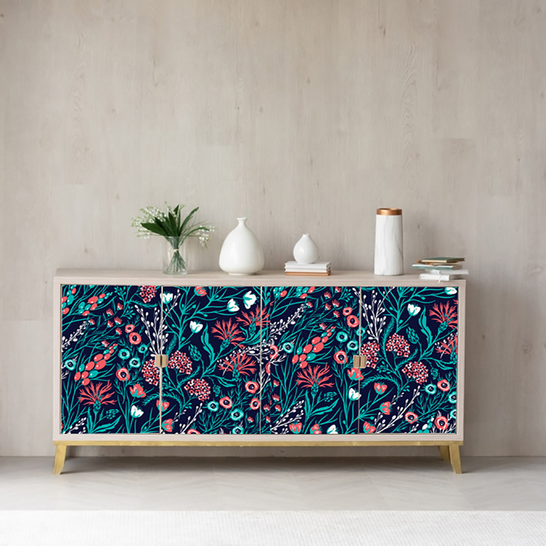 Red Blue Floral Art Design Self Adhesive Sticker For Cabinet