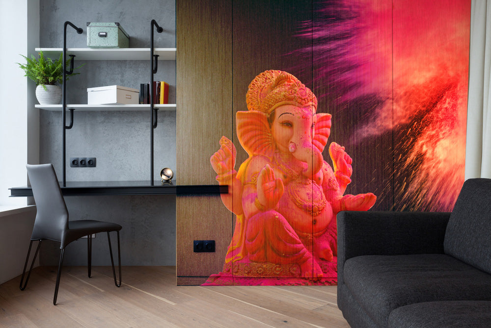 Ganpati With Pink Gulal Painting Self Adhesive Sticker For Wardrobe