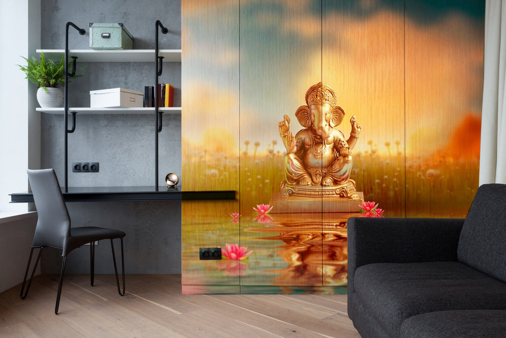 Ganpati In Lake And Clouds Self Adhesive Sticker For Wardrobe