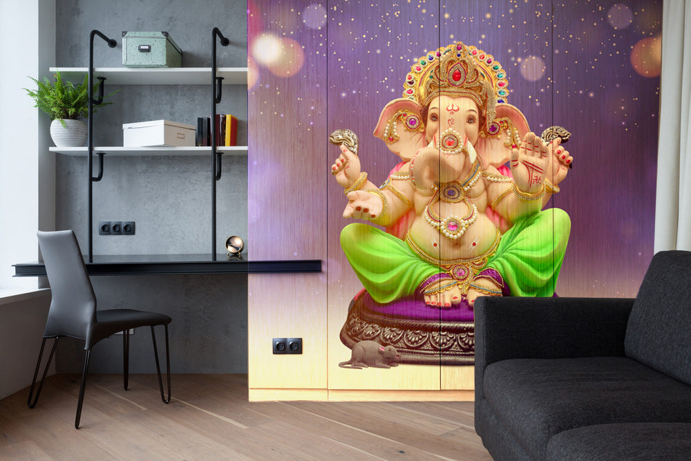 Ganpati With Purple Sparkels Self Adhesive Sticker For Wardrobe