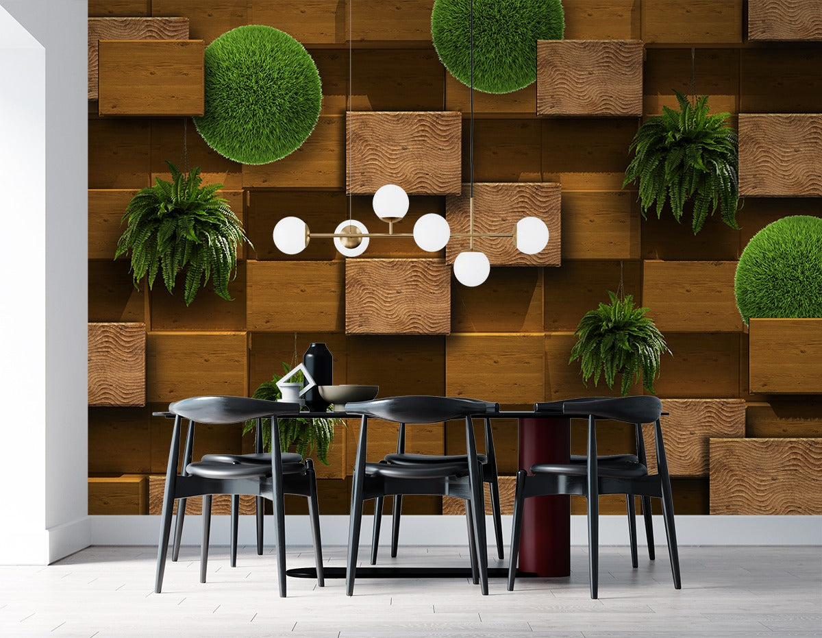 Wooden Block With Green Grass wall covering