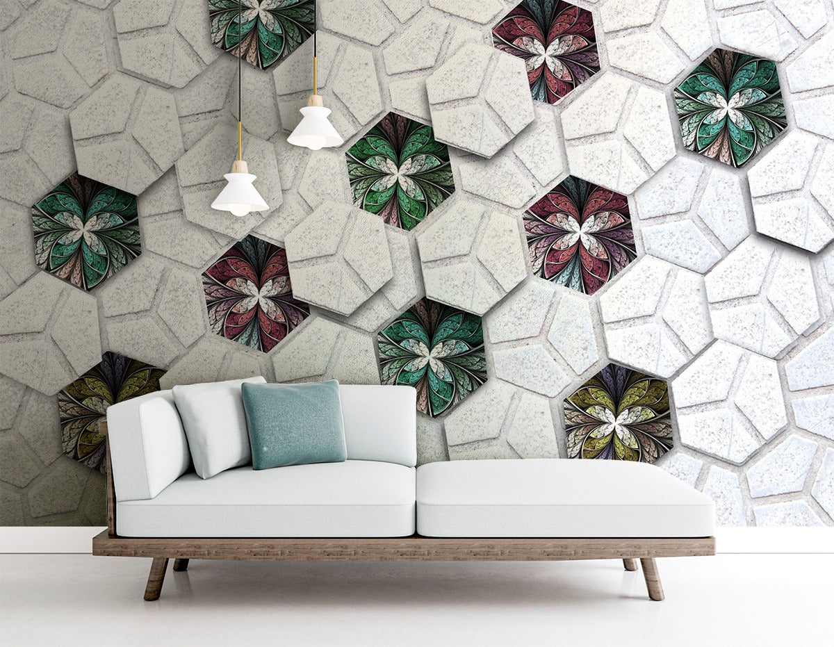 White Stone, Colourfull Flowers 3D Cusomised wall covering