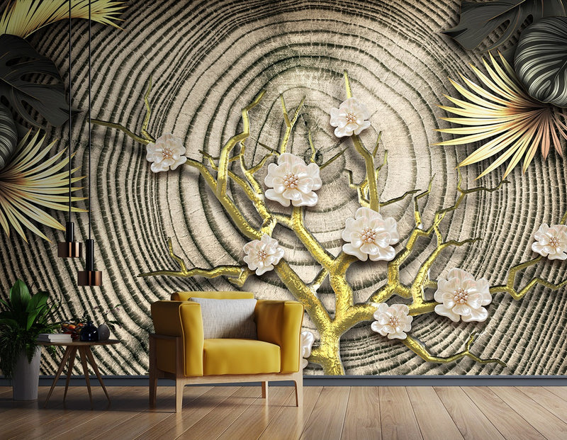 Golden Tree White Flowers With Wood Texture wallpaper for wall