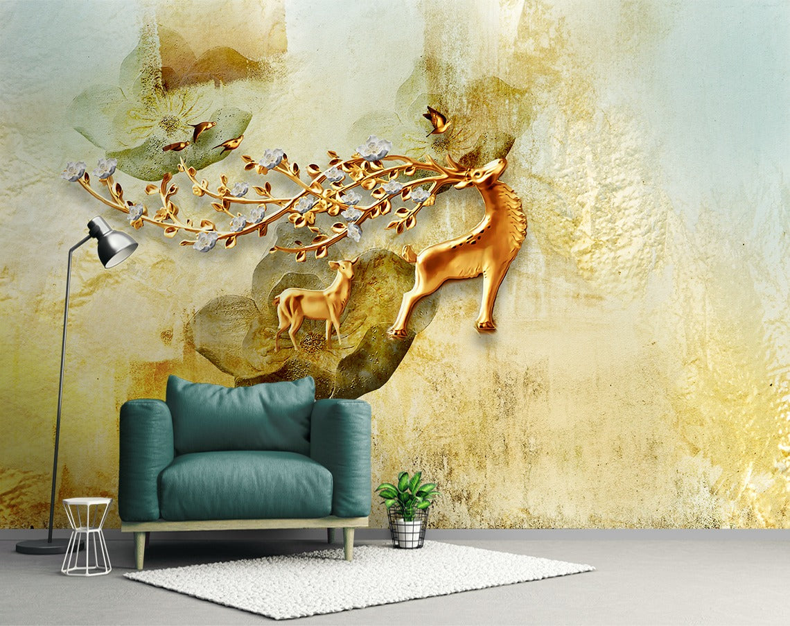 Golden Colour Deer With her Baby wallpaper for wall