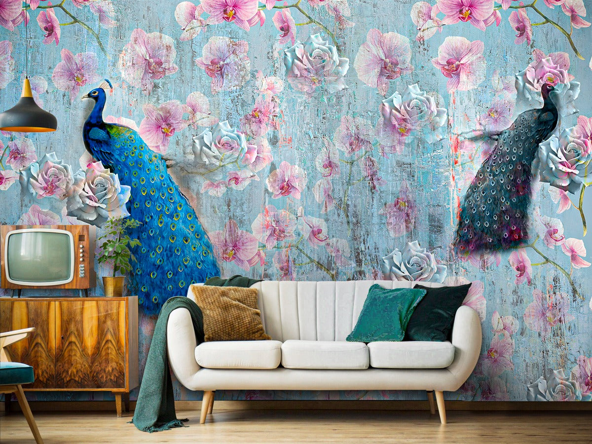 Blue Peacock And Roses wallpaper for wall