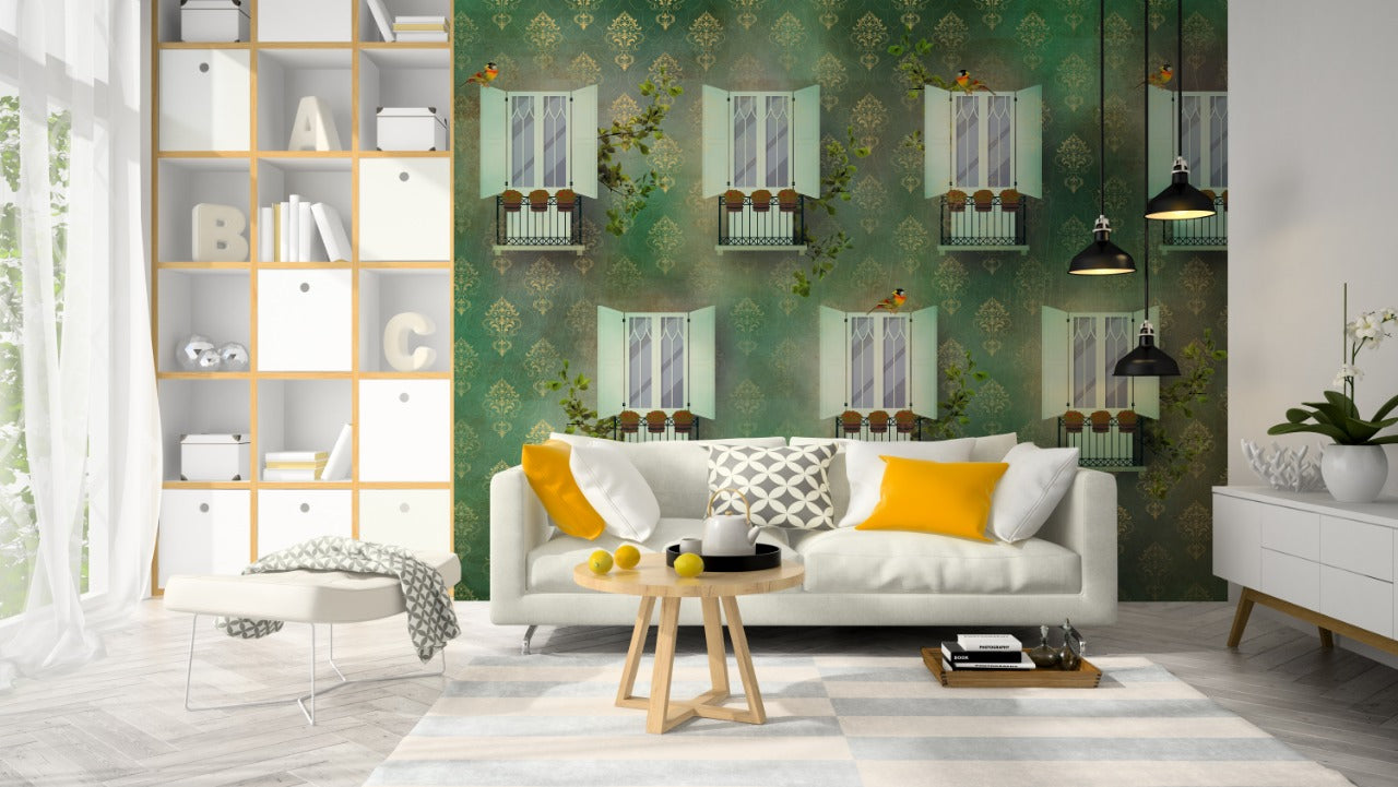 White Open Windows Green Royal Wallpaper for wall