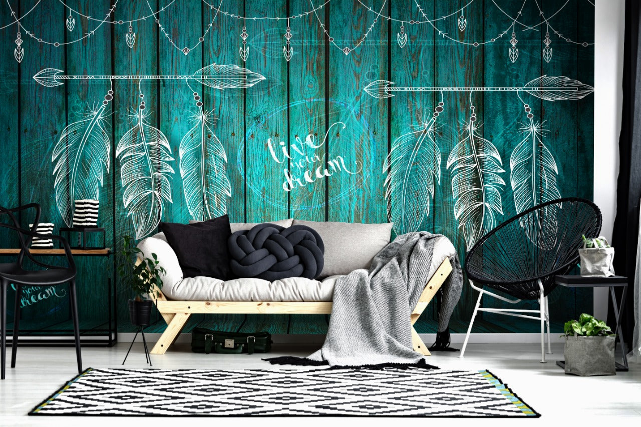 Colored Wood Look Feathers Quote Wallpaper for wall